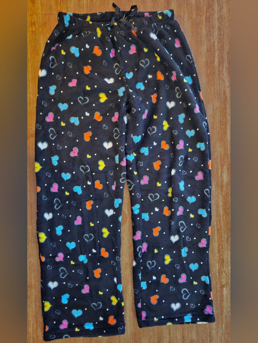 Black Heart-Print Fleece Pajama Pants - Multicolor Rainbow Hearts Size Medium